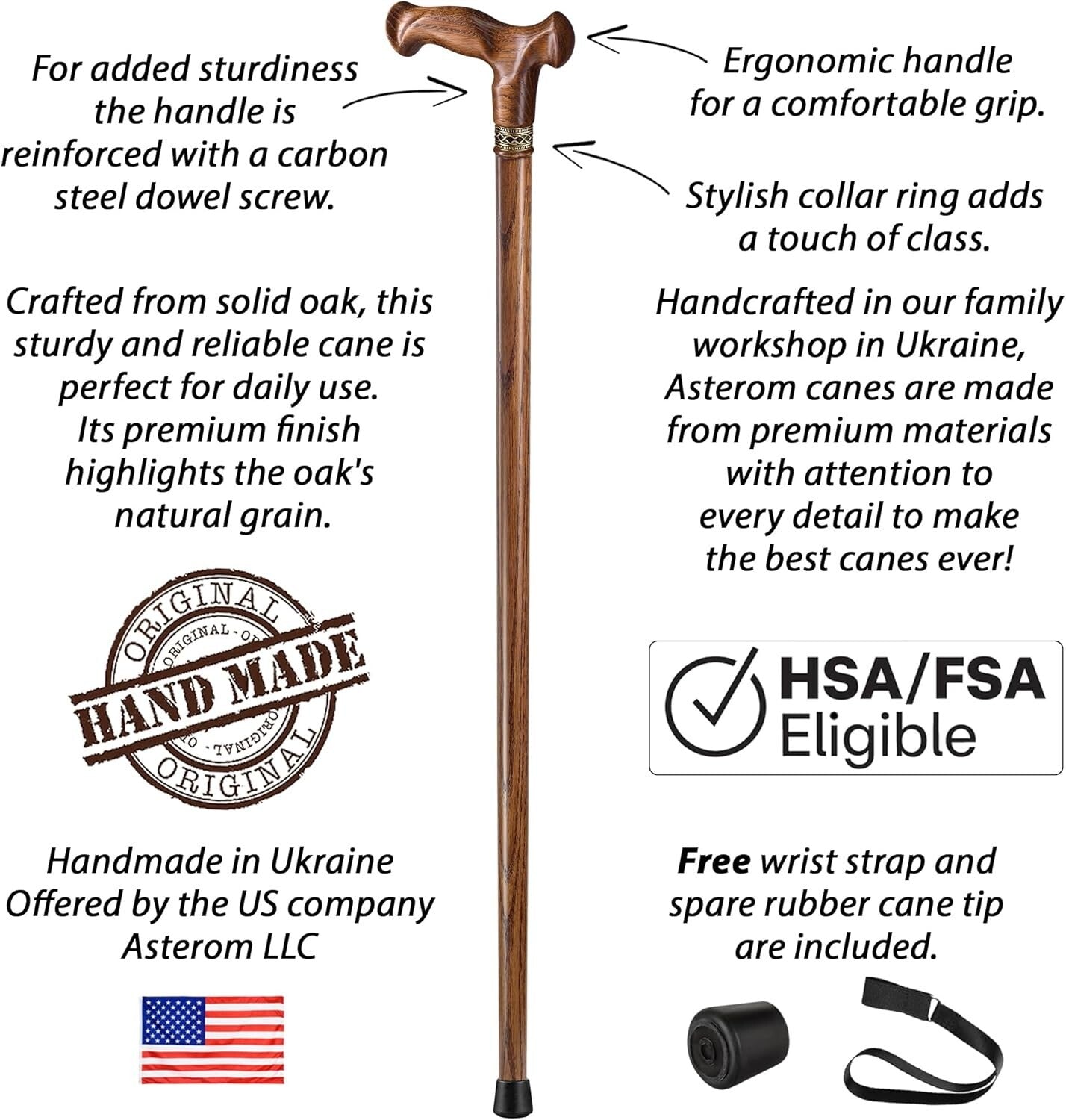 39-Inch Hardwood Oak Cane for Men & Women - Fashionable, Comfortable Walking Aid
