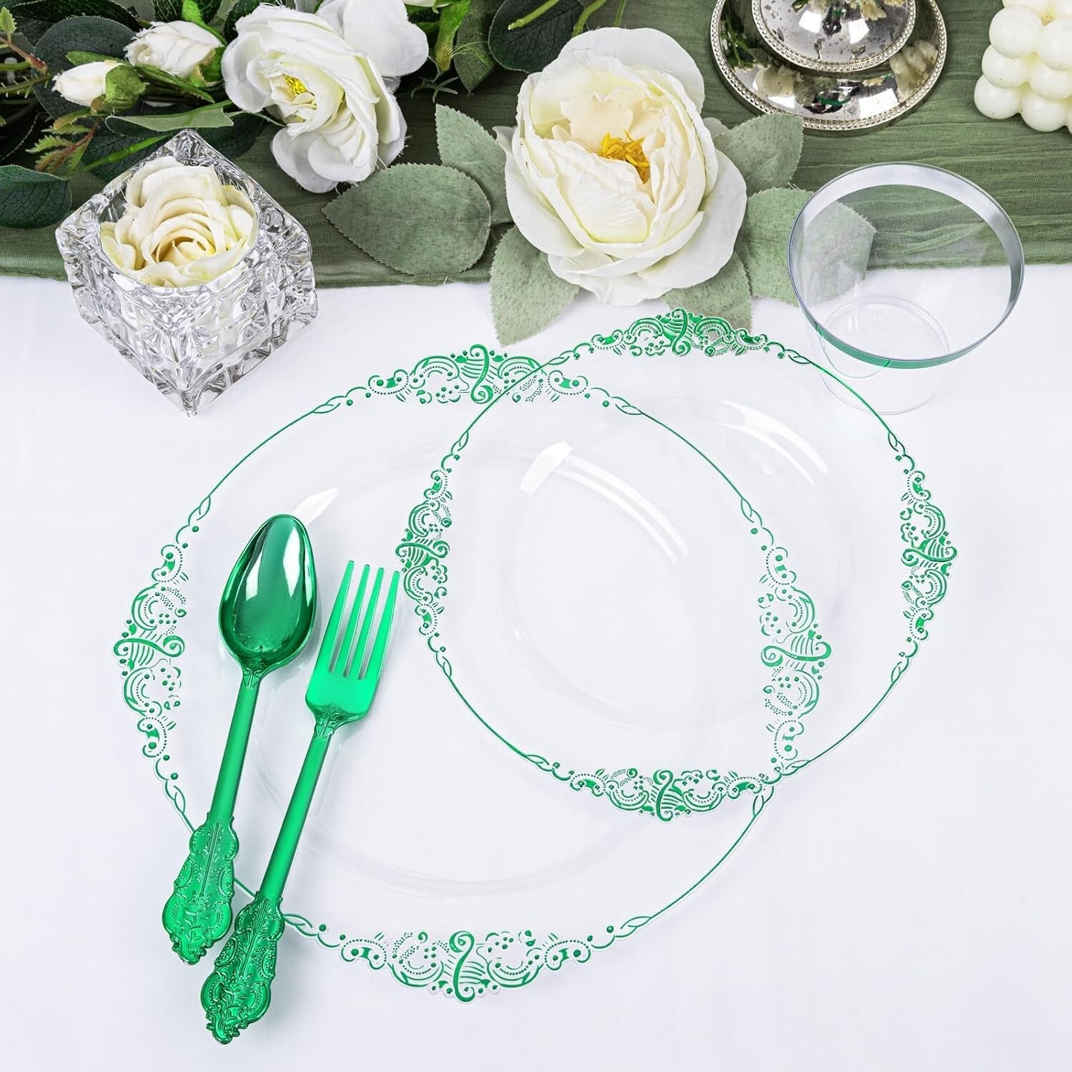 Elegant 175PCS Clear Plate Set with Green Rim - Perfect for St. Patrick's Day