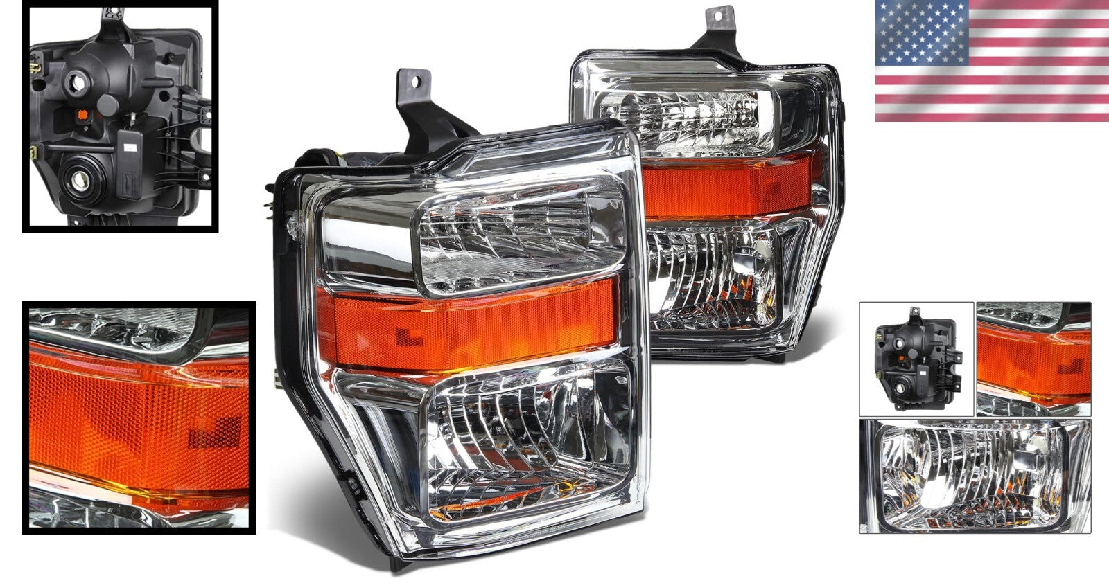 Chrome Amber Headlights Replacement for 08-10 F-250/F-350/F-450/F-550 Super Duty