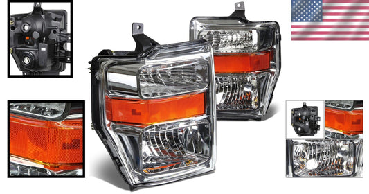 Chrome Amber Headlights Replacement for 08-10 F-250/F-350/F-450/F-550 Super Duty