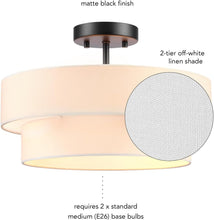 Load image into Gallery viewer, Modern Matte Black Flush Mount Light with White Linen Shade - Easy Installation