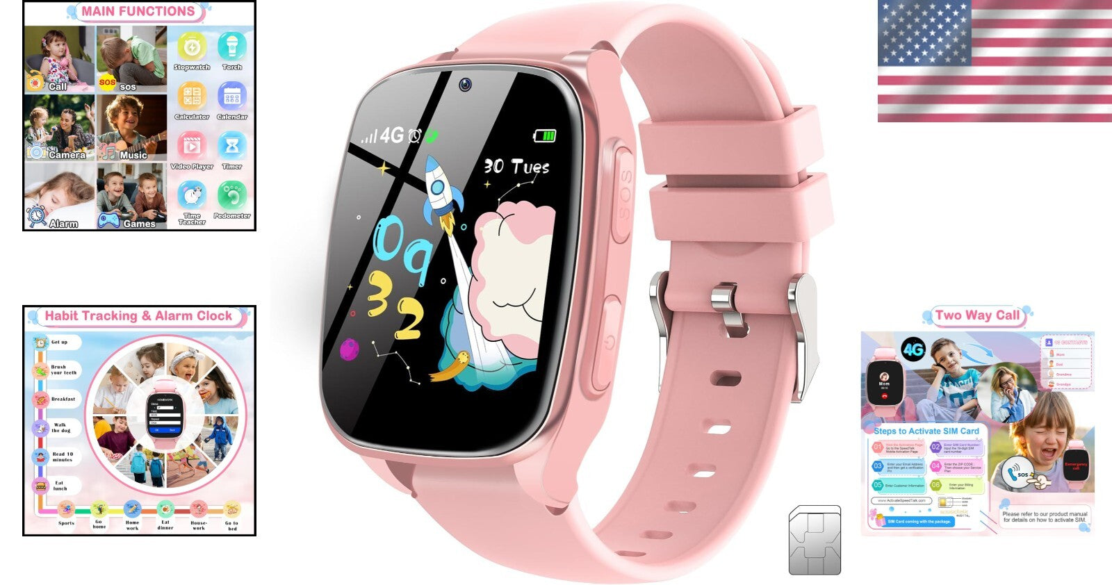4G Kids Smartwatch with SOS, Games & Parental Control - Perfect Gift in Pink