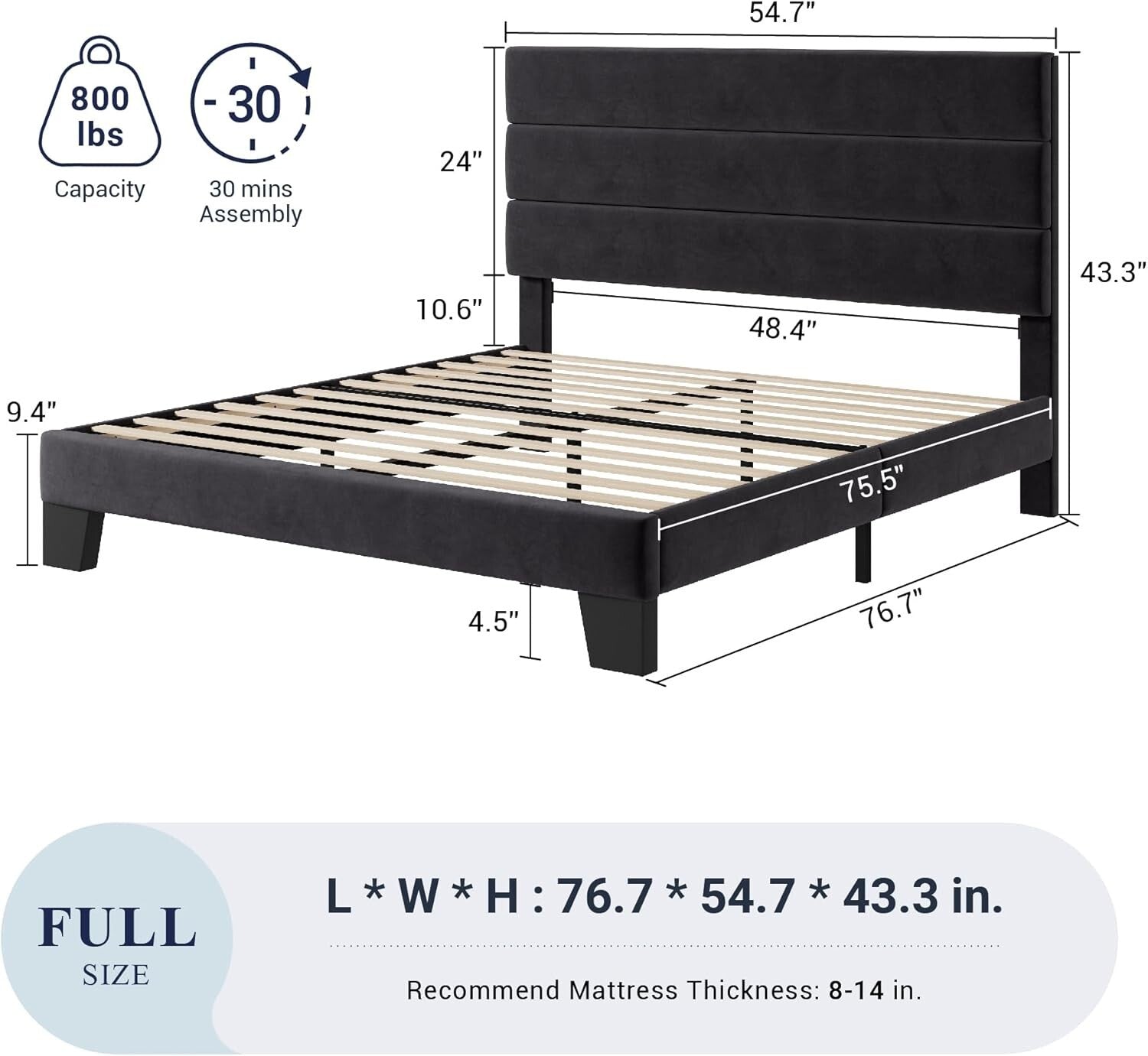 Luxurious Velvet Upholstered Full Size Bed Frame - Easy Assembly, No Box Spring