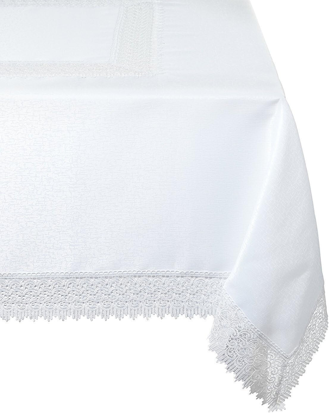 Sophisticated White Rectangular Tablecloth 70" x 105" with Elegant Lace Border