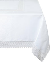 Load image into Gallery viewer, Sophisticated White Rectangular Tablecloth 70" x 105" with Elegant Lace Border