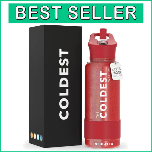 Durable 32 oz Coldest Insulated Bottle with Straw Lid - Stylish Mars Red Glitter