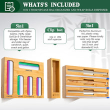 Load image into Gallery viewer, Natural Bamboo Kitchen Storage Organizer for Bags, Wraps &amp; Dispenser with Cutter