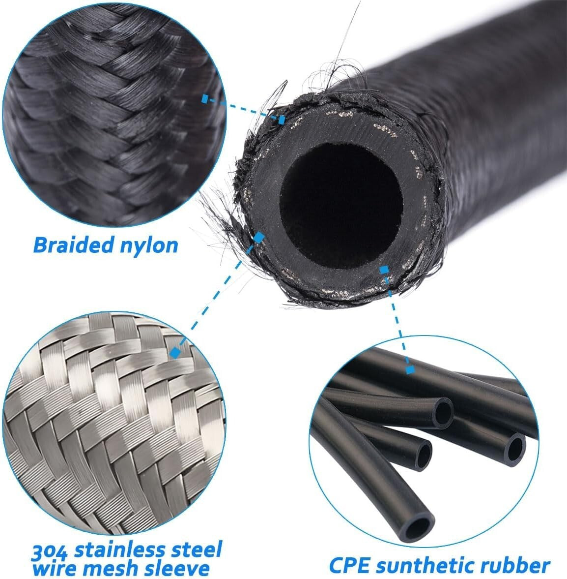 Durable 6AN 20FT Nylon Stainless Steel Braided Fuel Line with 10PCS Fittings