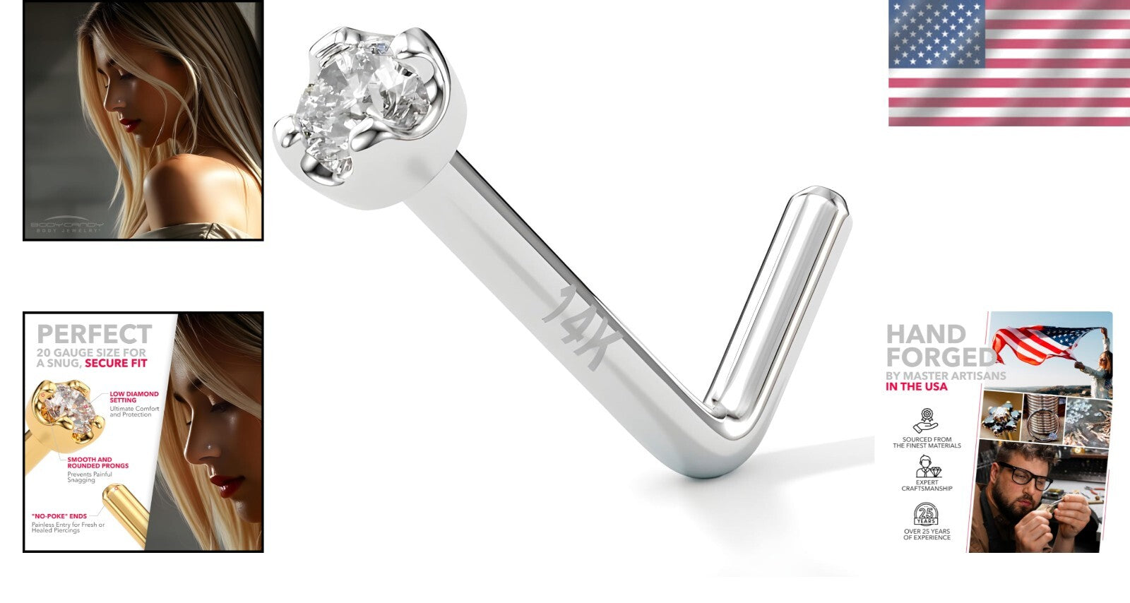 Elegant 14K Gold Nose Ring Studs with 1.5mm Diamond - 20 Gauge Piercing Jewelry