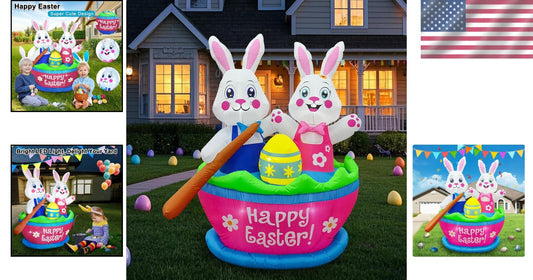 Easy Setup 5FT Easter Bunny Inflatables with LED Lights - Fun Yard Decoration