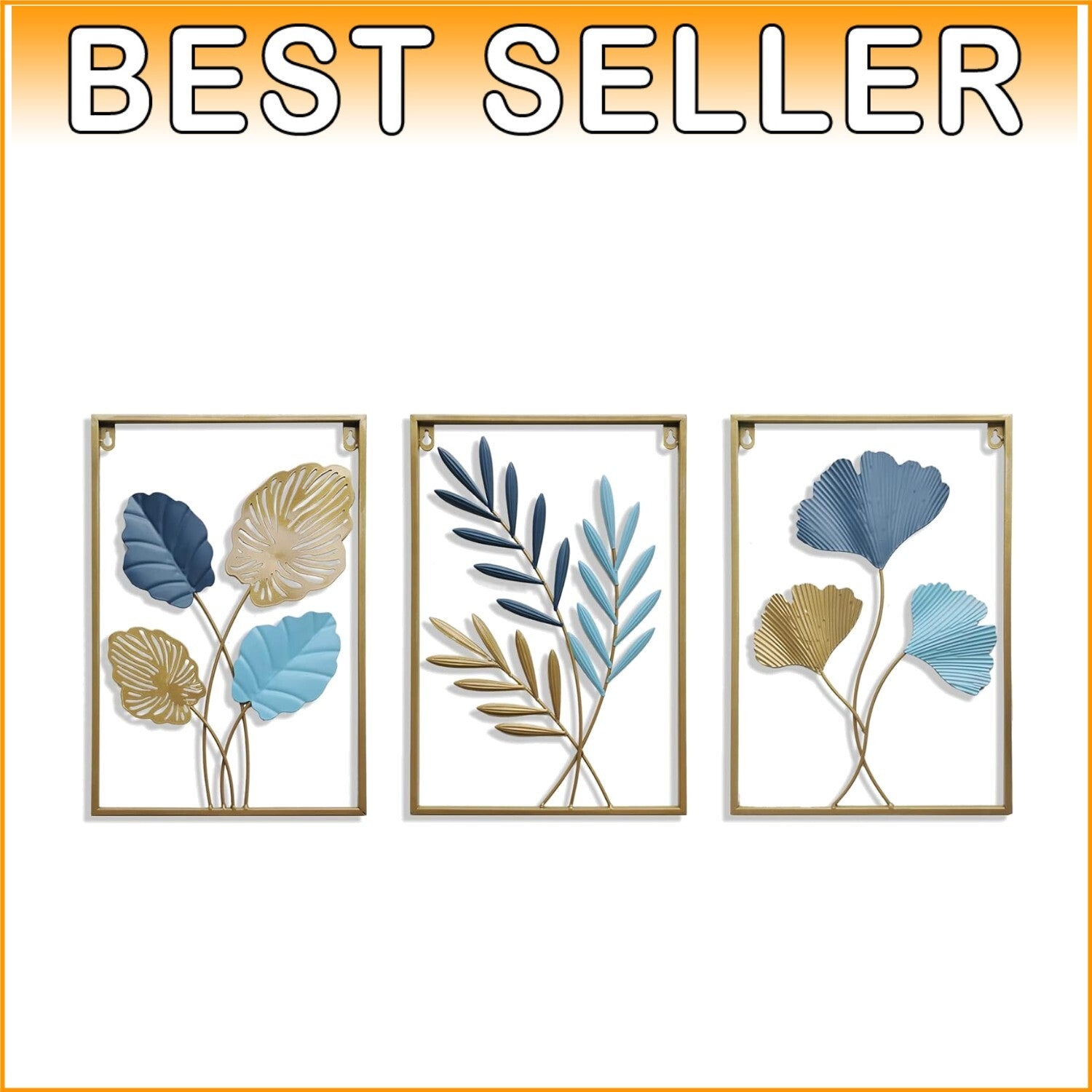 Elegant Gold and Canal Blue Ginkgo Biloba Metal Wall Sculptures - 3-Piece Set