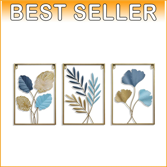 Elegant Gold and Canal Blue Ginkgo Biloba Metal Wall Sculptures - 3-Piece Set