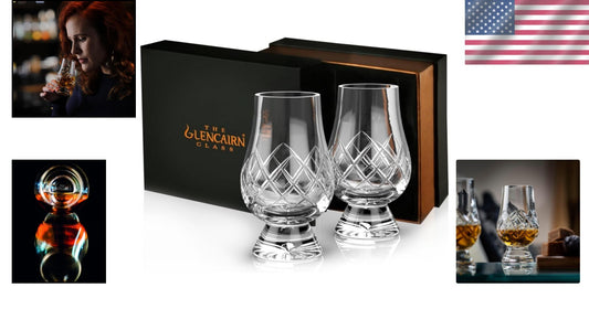 Elegant Mouth Blown Whiskey Glass Set of 2 - Traditional Cut Design, Gift Boxed
