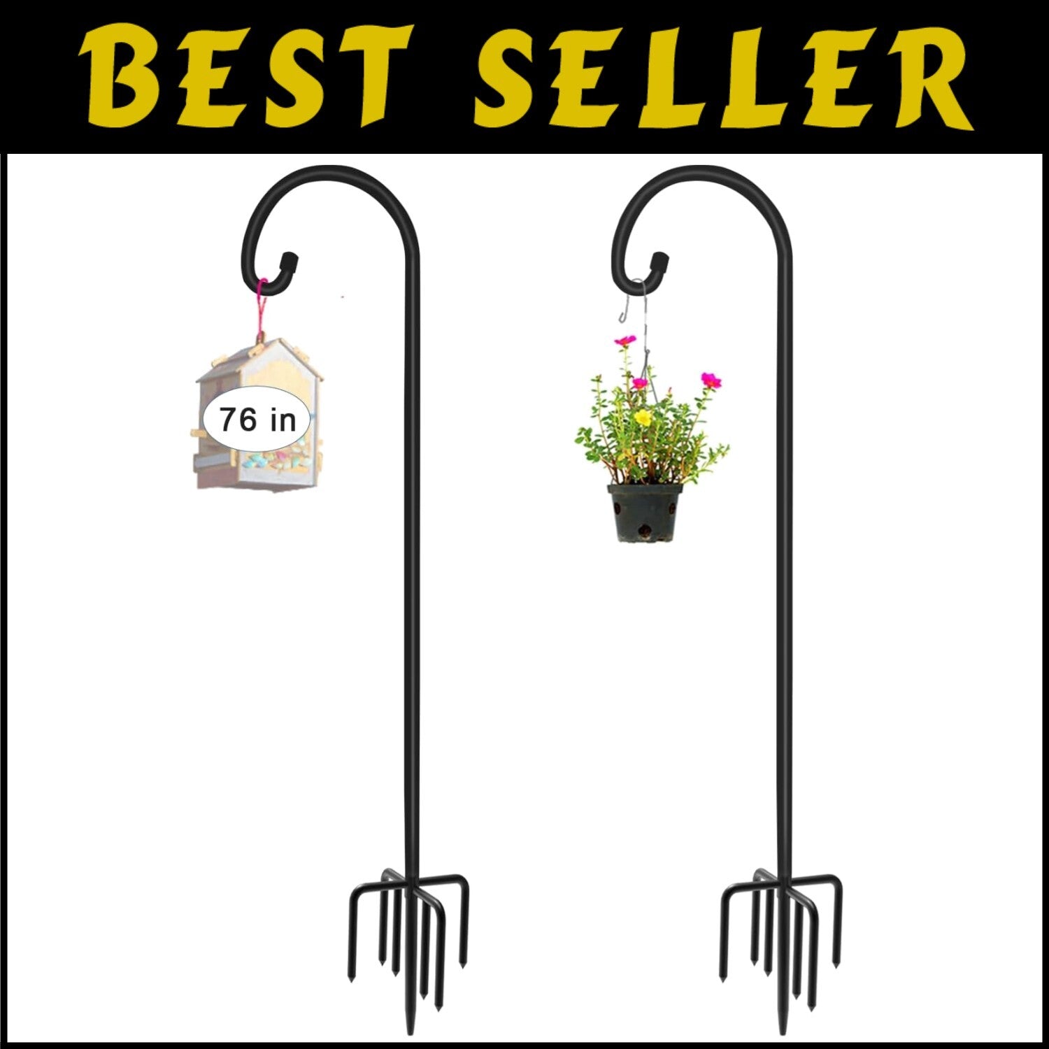 Matte Black 76" Shepherd Hook with 5 Prongs - Sturdy Hanger for Outdoor Decor