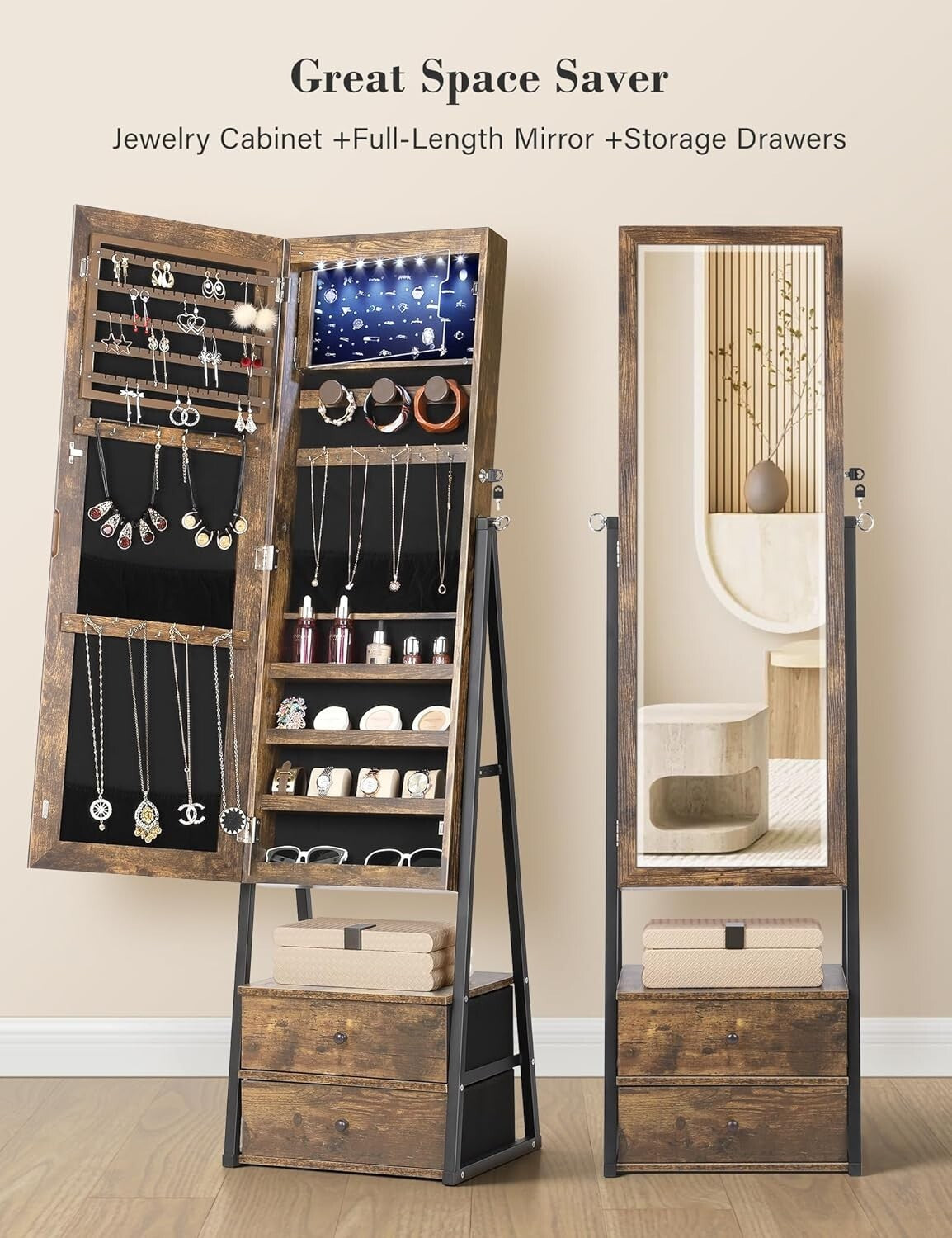 Full-Length Mirror Jewelry Cabinet with Velvet Compartments & 2 Drawers