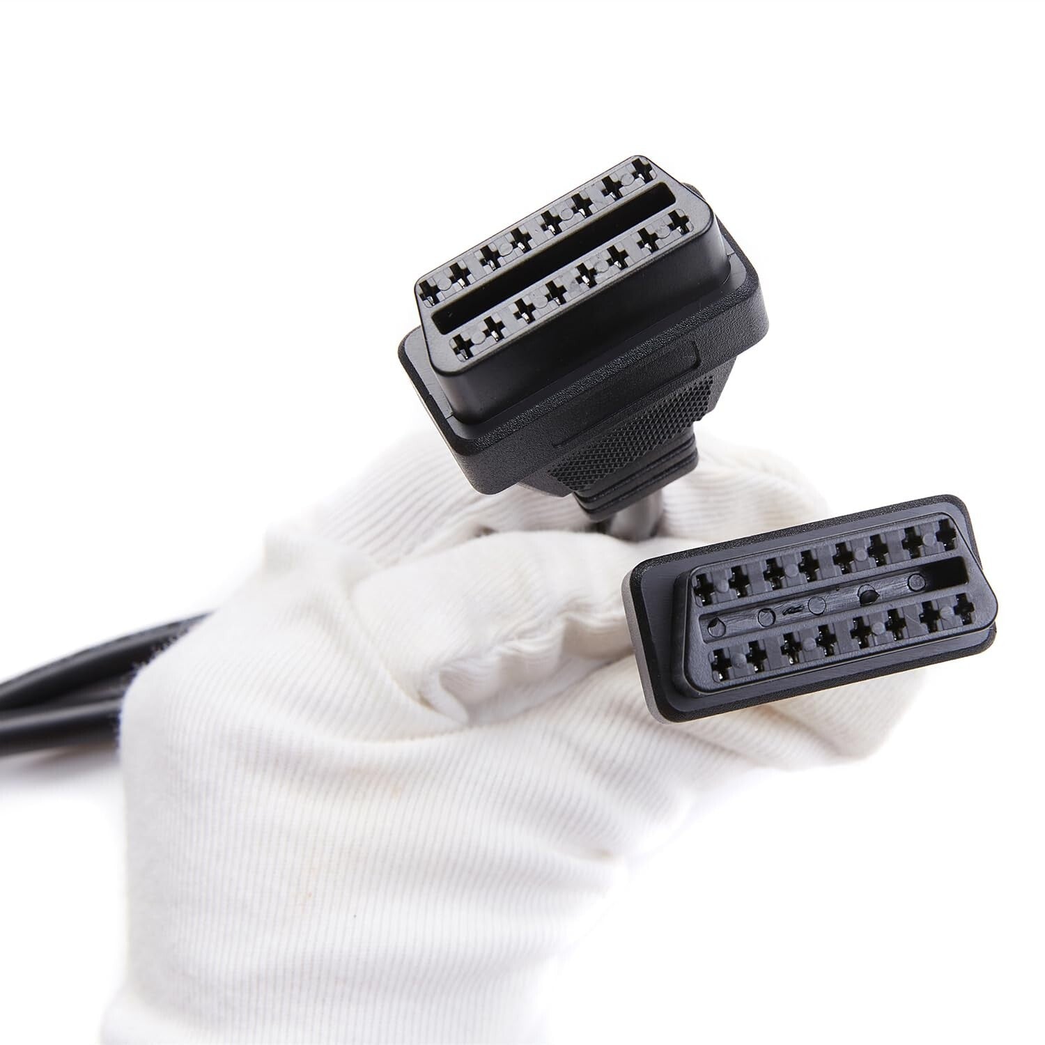 Compact 1FT Right Angle OBDII Y Cable - 16pin Male to Dual Extensions, 5-Pack