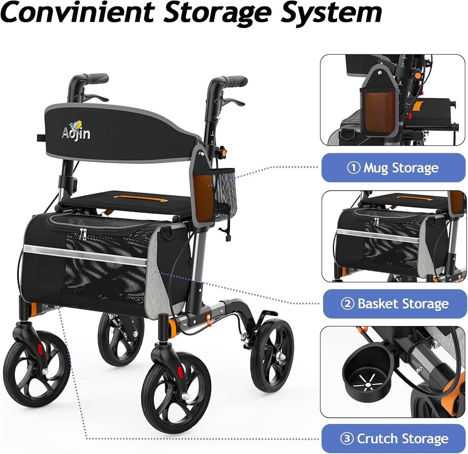 8-Inch Wheel Rollator Walker – Lightweight, Foldable with Travel Bag for Seniors