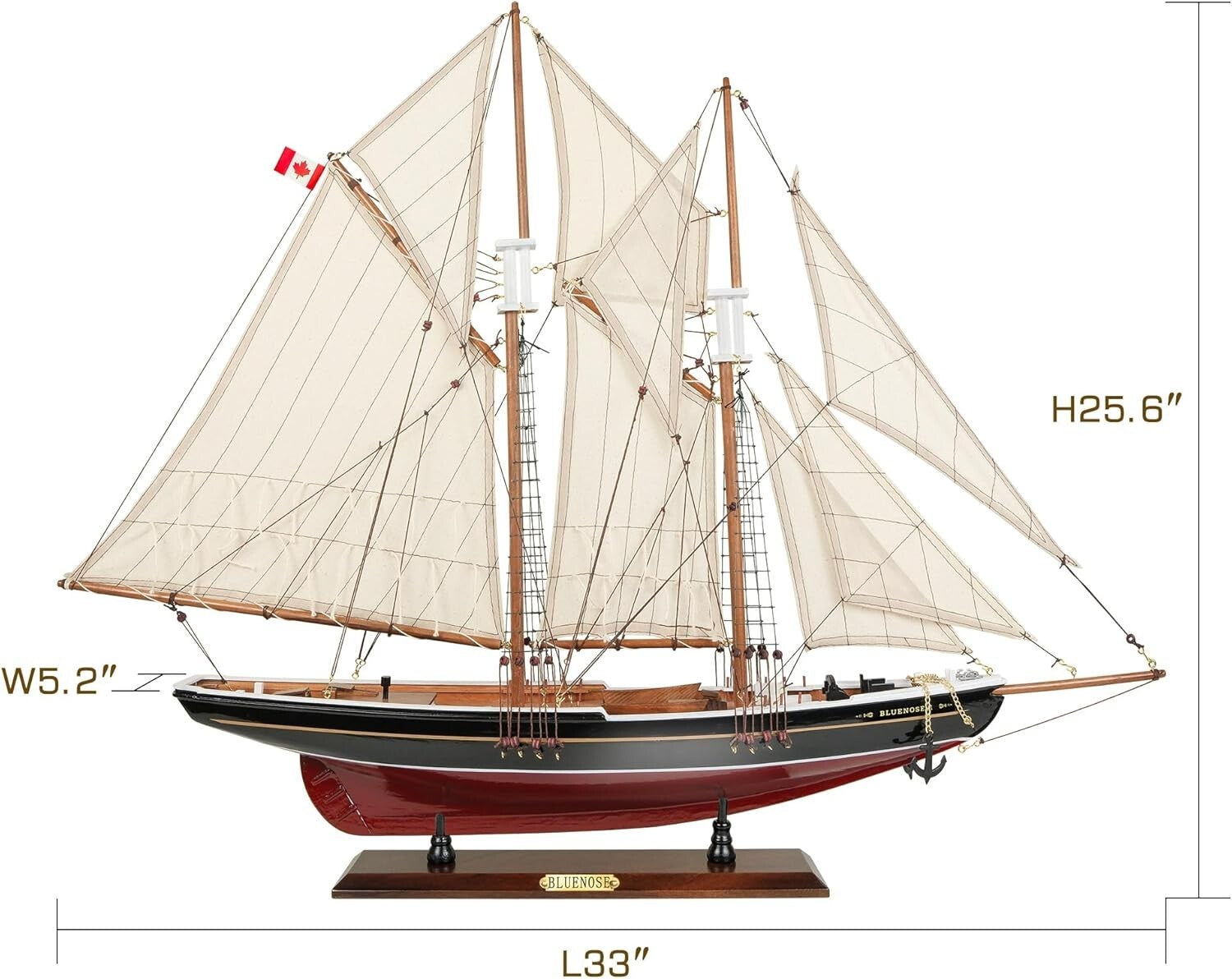 Authentic Bluenose Model Ship - Nautical Decor Piece with Hand-Stitched Sails