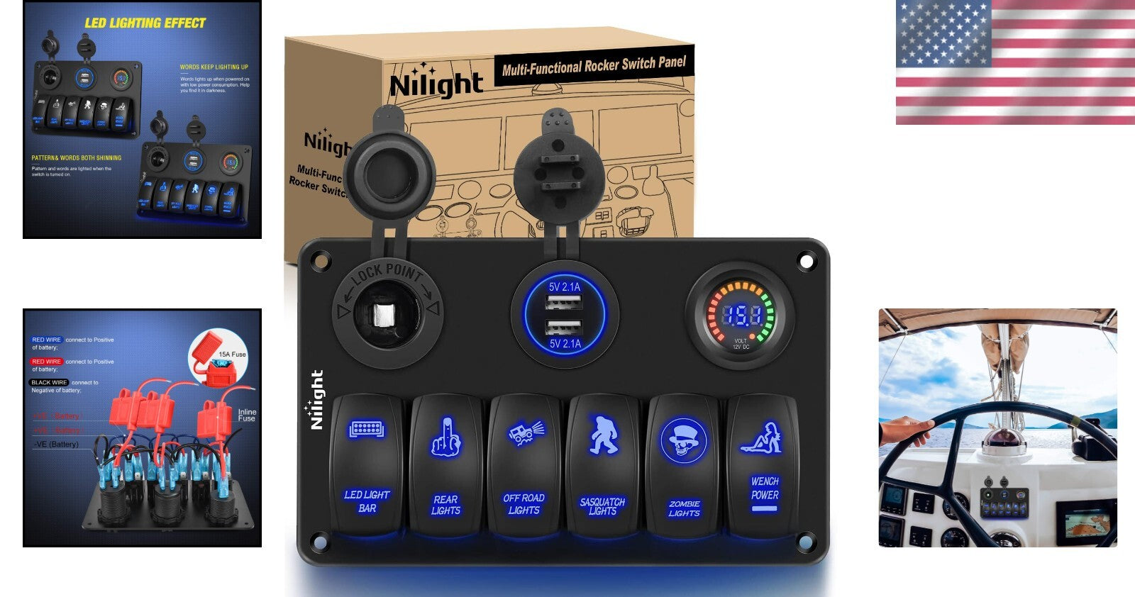 Durable Laser-Etched 6 Gang Switch Panel with USB, Voltmeter & Cigarette Lighter