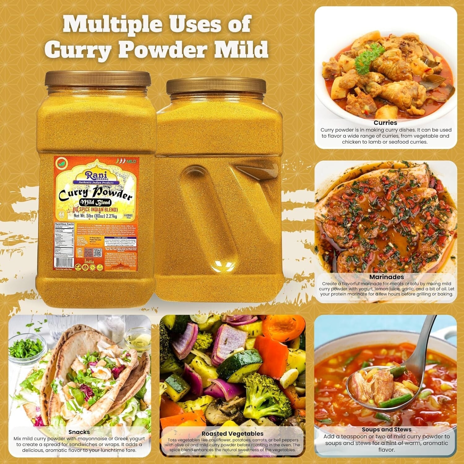 Mild 10-Spice Curry Powder by Rani - 5lbs PET Jar, No Additives, All-Natural