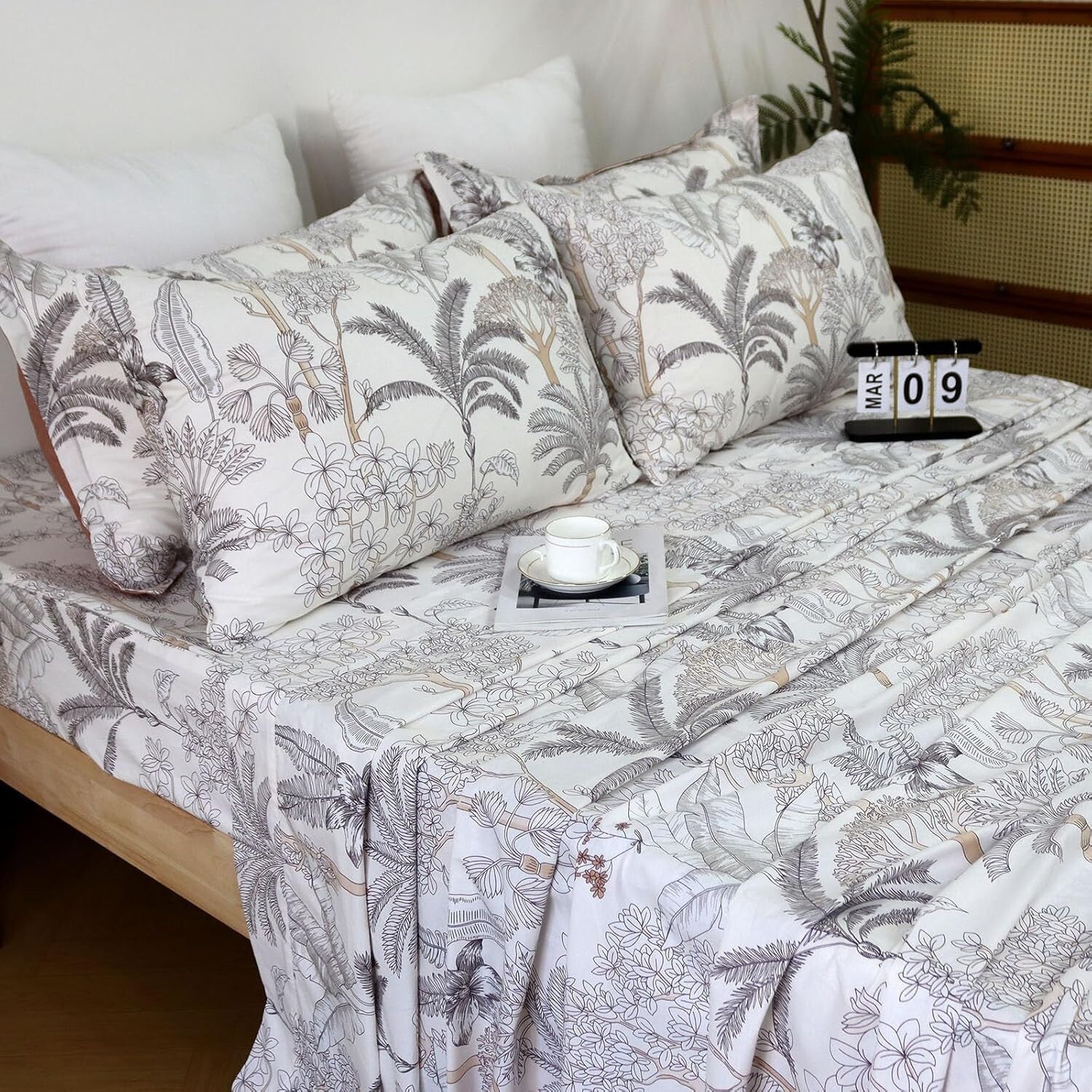 Breathable 100% Cotton Floral Sheet Set Queen – Coastal Coconut Tree Design