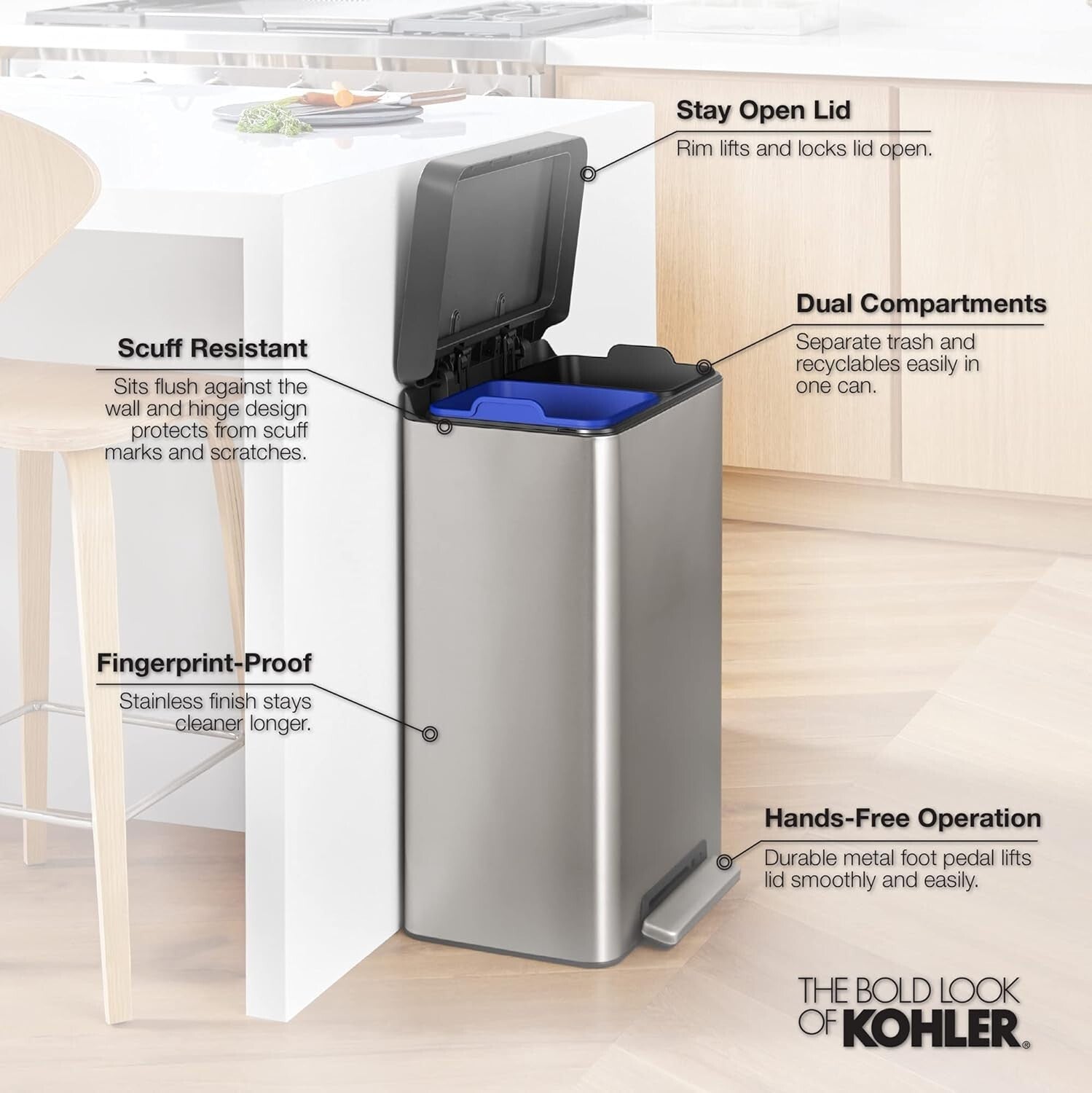 Fingerprint-Resistant 11 Gallon Trash Can - Step-On Foot Pedal and Liner Bins