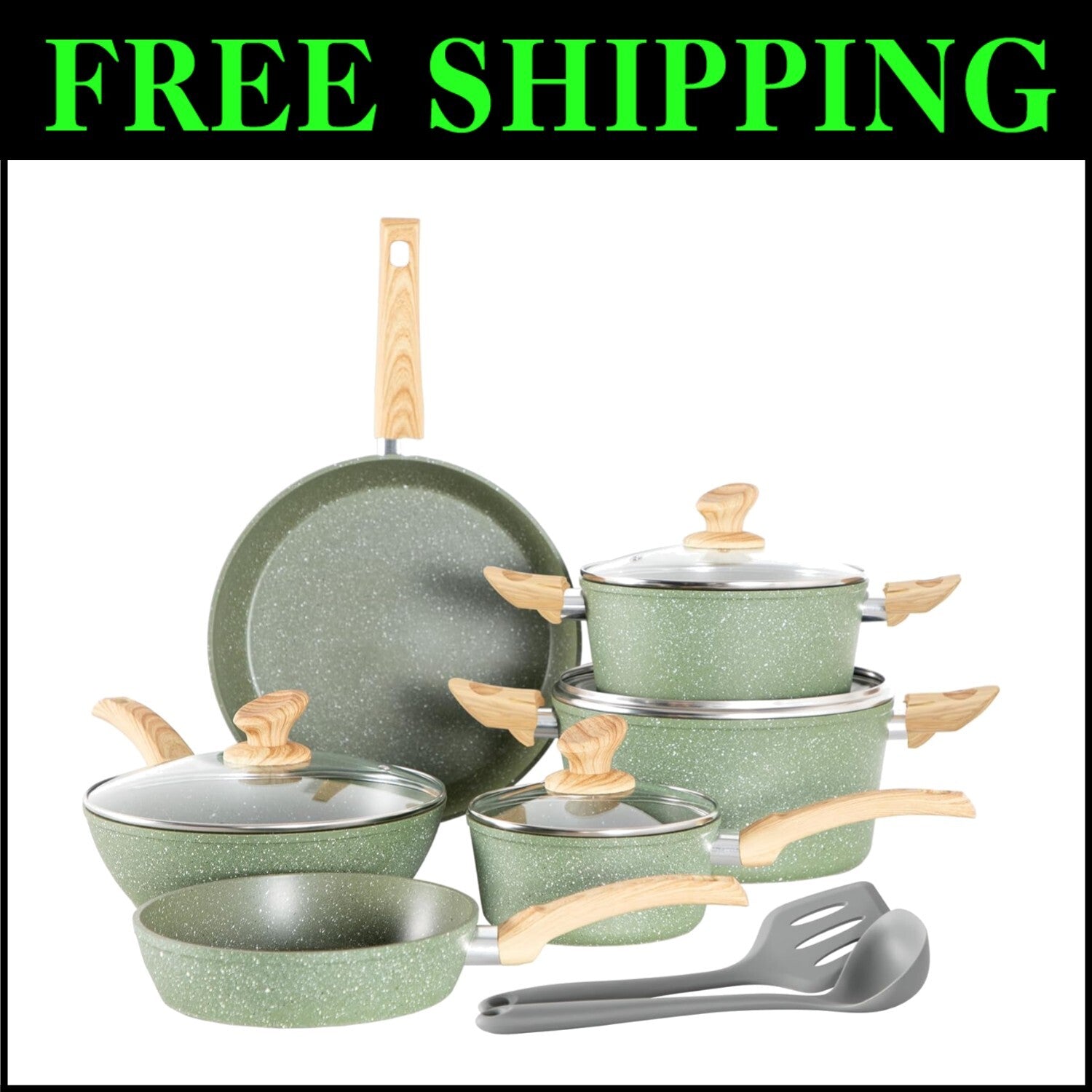 Complete 12-Piece Green Cooking Set - Granite Nonstick Pots & Pans Included