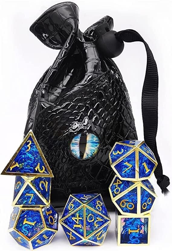 Eco-Friendly Blue Dragons Polyhedral Dice Set - 7 Hollow Metal/Resin Variety