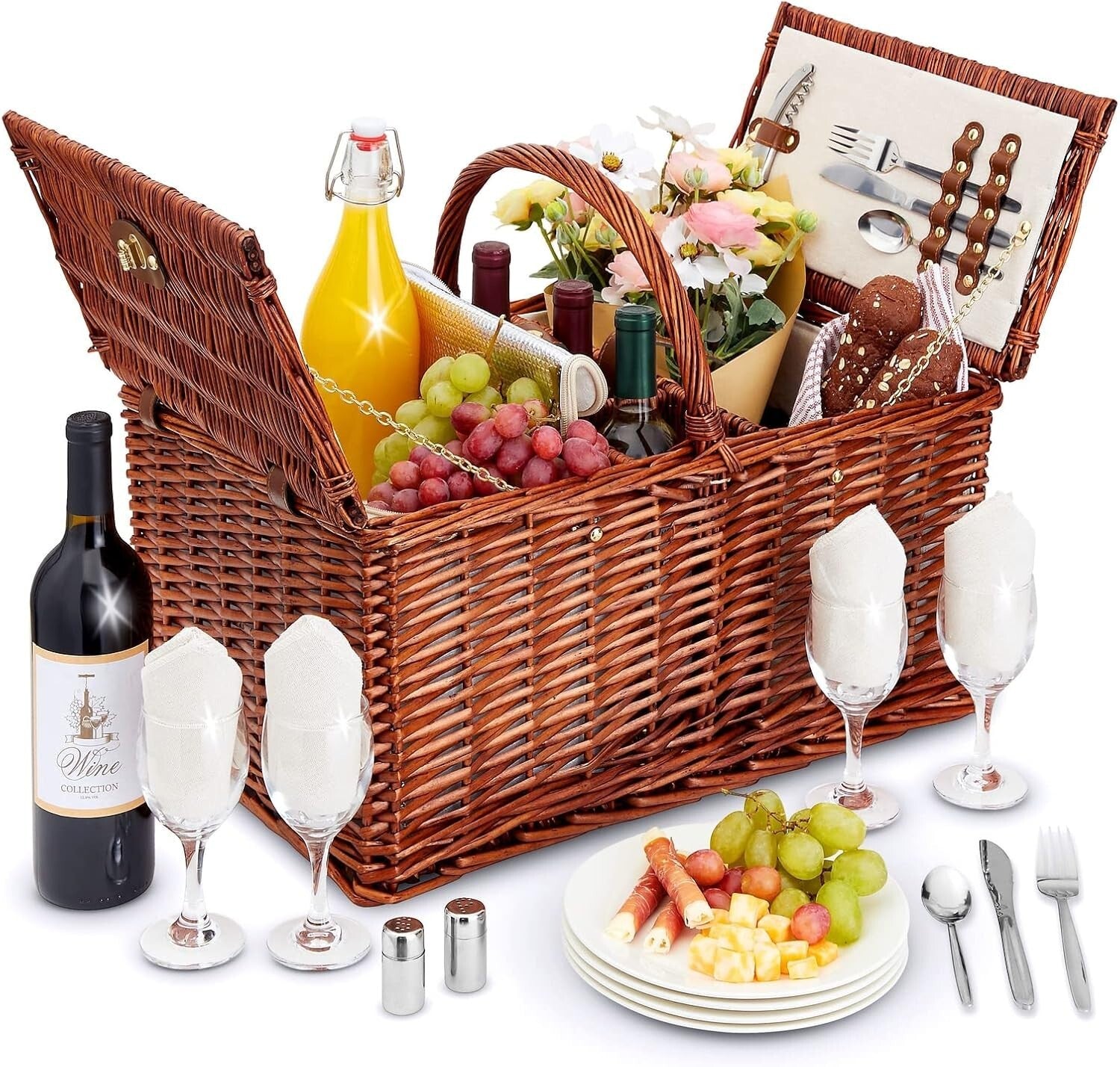 Essential Rustic Wicker Picnic Set for 4 with Insulated Cooler & Glasses