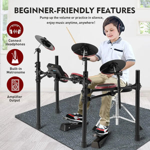 Electronic Drum Set for Beginners, 8" Mesh Pads, 10" Cymbals, Kick Pedal, Stool, Sticks