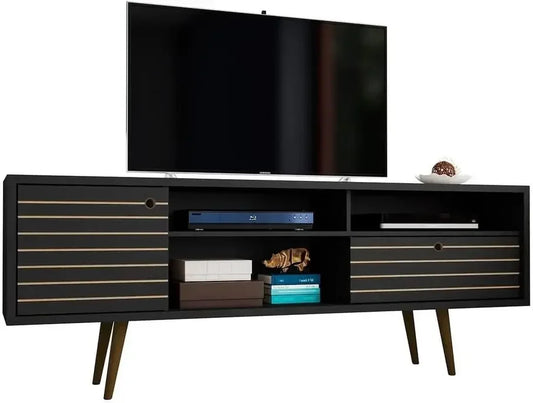 Mid-Century Modern Living Room TV Stand, 70.86 Inch, Black with Shelves and Cabinet, Splayed Legs