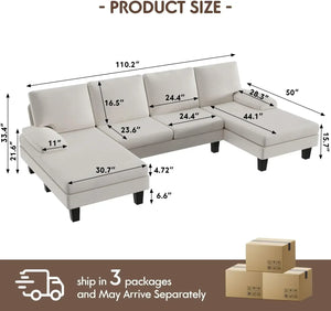 White U-Shaped Sofa with Double Chaises - Chenille Fabric Couch Living Room Sets