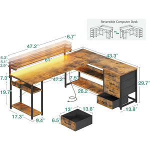 Reversible 61" L-Shaped Computer Desk with Drawer, Power Outlets & LED Lights for Gaming