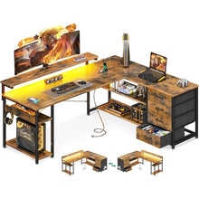 Load image into Gallery viewer, Reversible 61&quot; L-Shaped Computer Desk with Drawer, Power Outlets &amp; LED Lights for Gaming