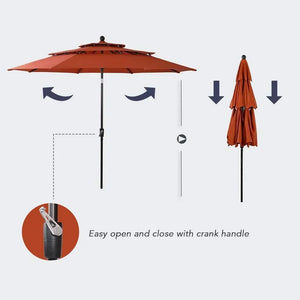 10 Foot Patio Umbrella, 3-Tier Design, Aluminum Pole, 8 Ribs, Auto Tilt, Market Style