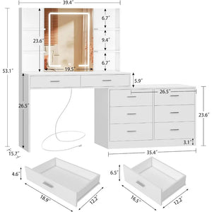 65.9" Vanity Desk with LED Lighted Mirror & Power Outlet, Modern Corner Makeup Table for Dressing Room