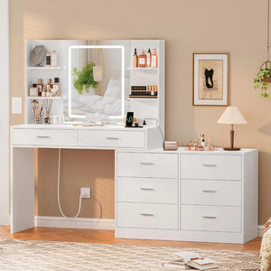 65.9" Vanity Desk with LED Lighted Mirror & Power Outlet, Modern Corner Makeup Table for Dressing Room