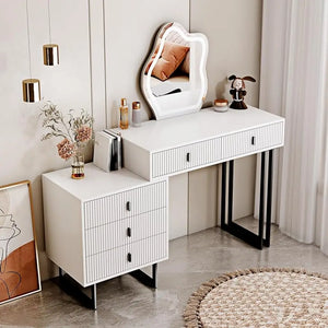 White Vanity Desk with 3-Color Touch Screen Lighted Mirror, 5 Drawers, Makeup Table Set for Women Girls