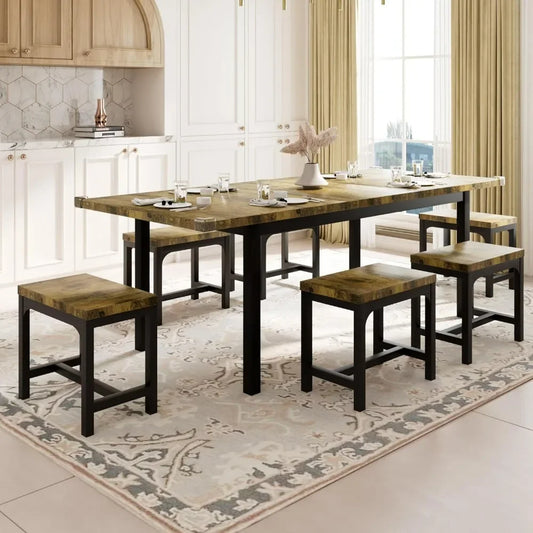 7-Piece Dining Table Set w/ 6 Stools, Kitchen Table for 4-8, Easy Assembly, Brown, Heavy-Duty