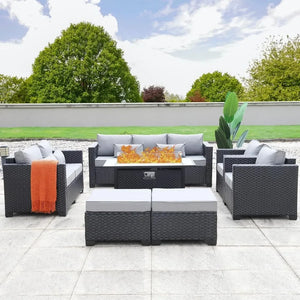 7-Piece Outdoor Patio Furniture Set - 45" Propane Fire Pit, Non-Slip Cushions