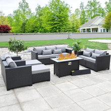 Load image into Gallery viewer, 7-Piece Outdoor Patio Furniture Set - 45&quot; Propane Fire Pit, Non-Slip Cushions