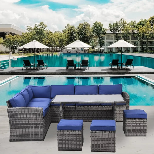 7 Piece Patio Furniture Set - All Weather Wicker Outdoor Sectional Couch, Sofa, Dining Table & Chairs