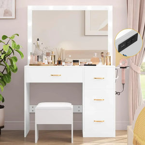 Makeup Vanity with Large Lighted Mirror, Power Outlet, 3 Color Lighting Modes