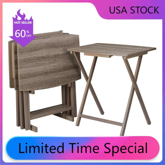 Rustic Grey 5pc XL Oversized Tray Table Set with Rack, Home Living Room Furniture