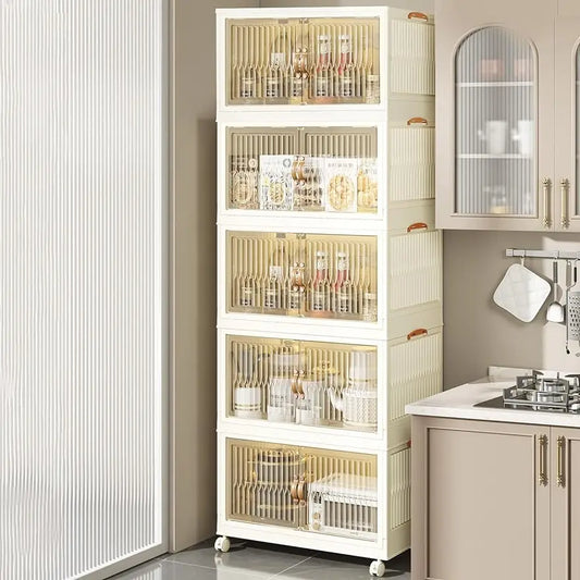Plastic Stackable Storage Bins with Lids and Doors, Open Front Foldable Boxes for Organizing