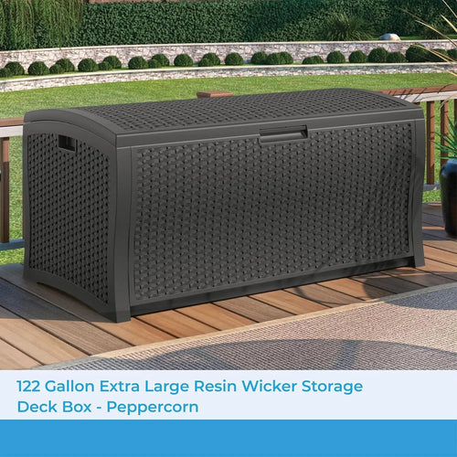 122-Gallon Extra Large Wicker Outdoor Storage Deck Box - Resin, Peppercorn Finish