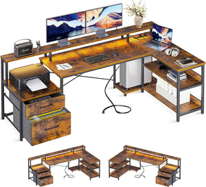 L Shaped Desk with File Drawer | 75" Reversible Computer Desk