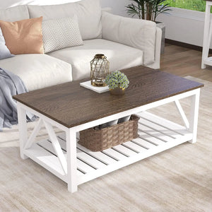 Farmhouse Coffee Table, Rustic Vintage with Shelf, 40 Inch, White