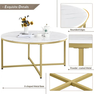 Modern Round Faux Marble Coffee Table Gold Finish Living Room Furniture