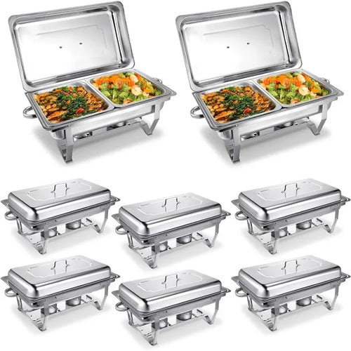 Buffet Chafer Set - 8 Pack 9QT Stainless Steel Rectangular Chafing Dishes, Foldable